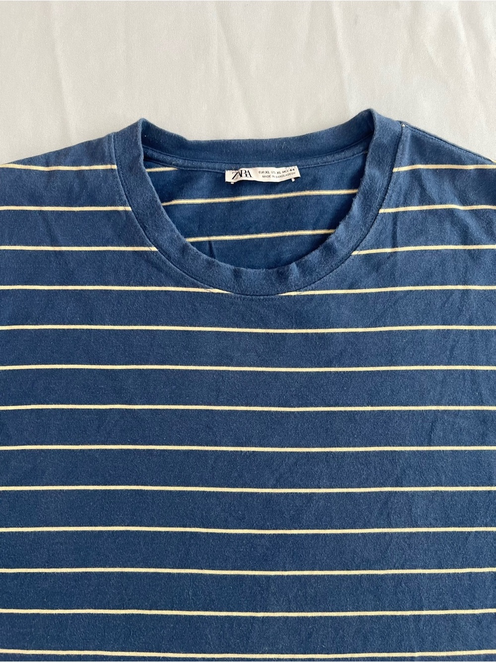 Zara Navy Blue Crewneck Tee with Cream Stripes